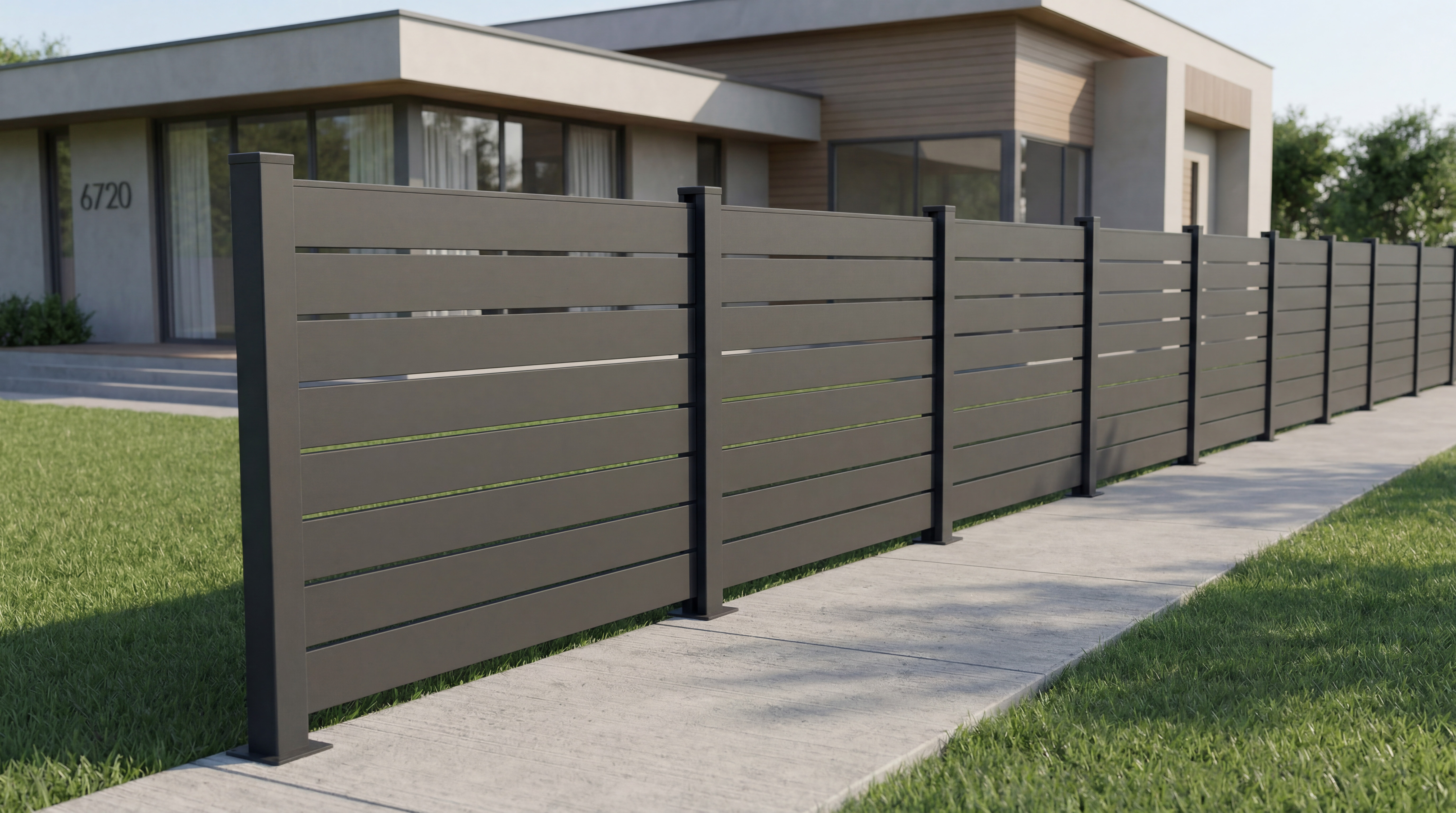 Modern aluminum fence in front of a contemporary house