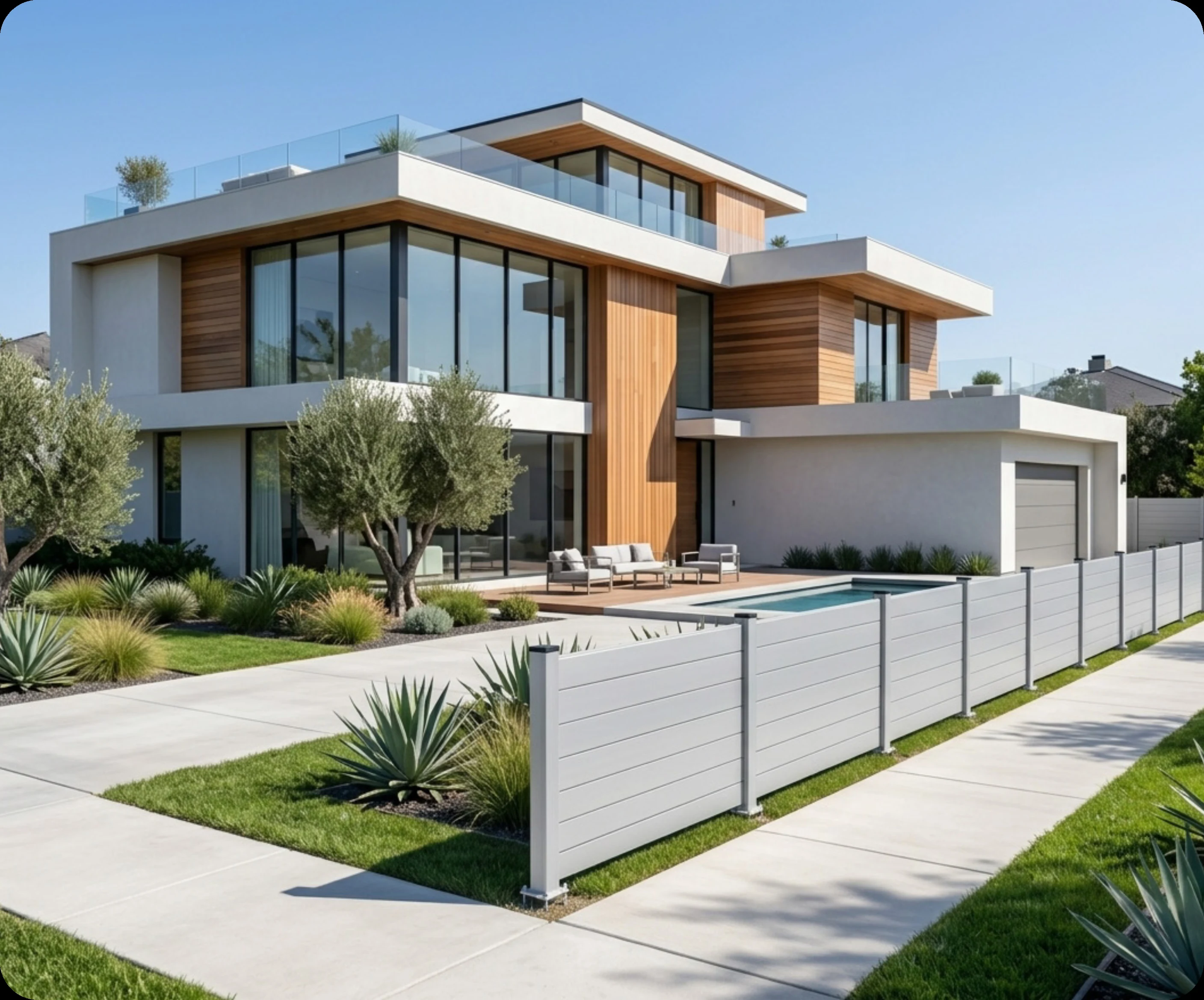 Modern house protected by a premium white aluminum fence